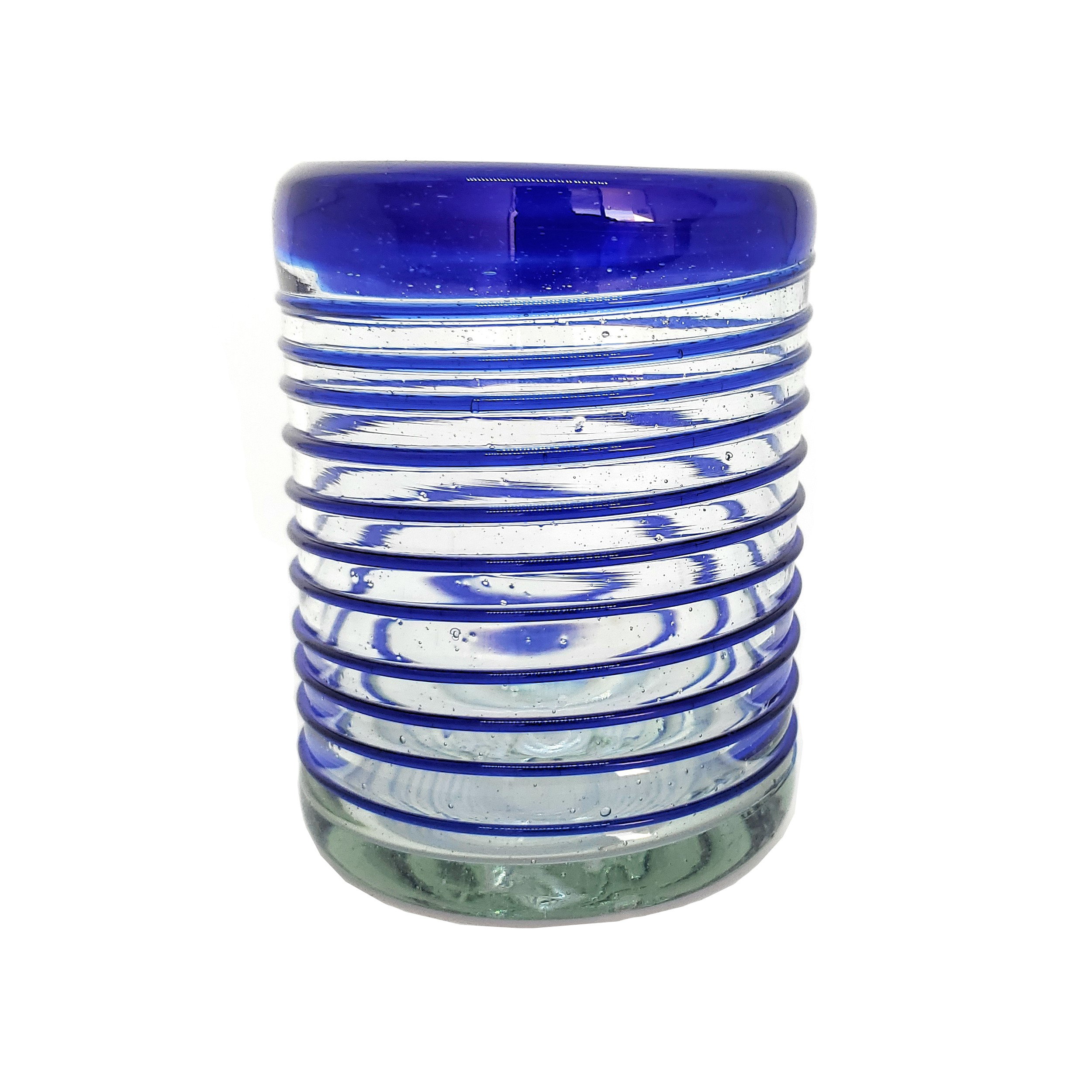 VIDRIO SOPLADO / Juego de 6 vasos chicos con espiral azul cobalto / Éste festivo juego de vasos es ideal para tomar leche con galletas o beber limonada en un día caluroso.